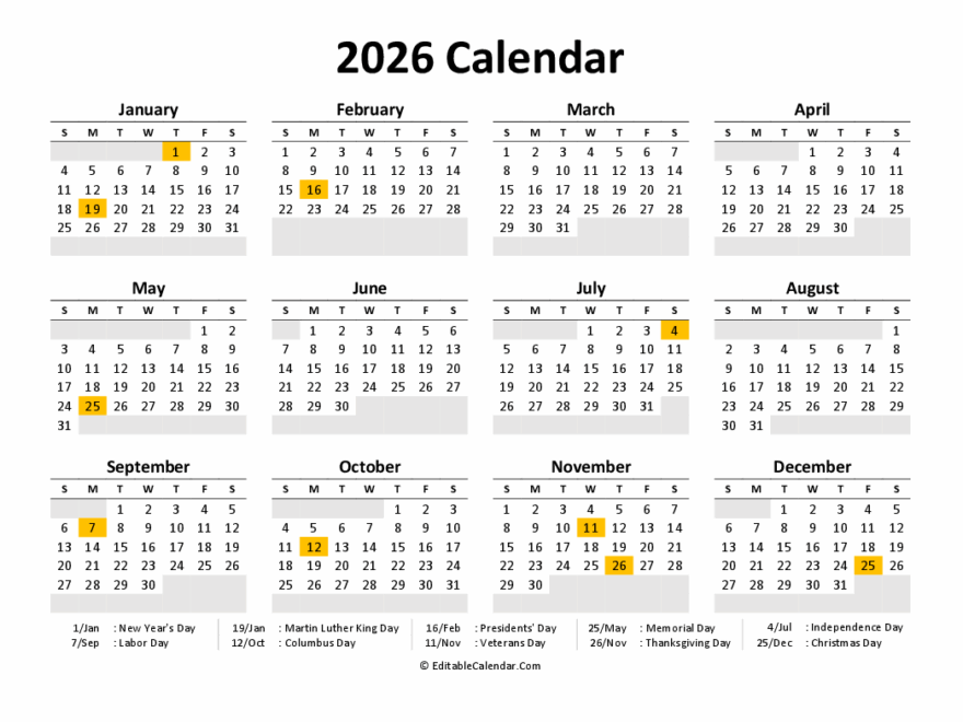 Download Printable Calendar 2026 Free Word Version