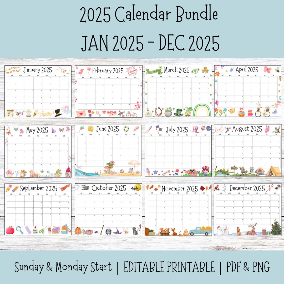 Editable 2025 Calendar Printable January 2025 December 2025 Year 12 Month Instant Download For School Office Fillable Calendar Theme Etsy