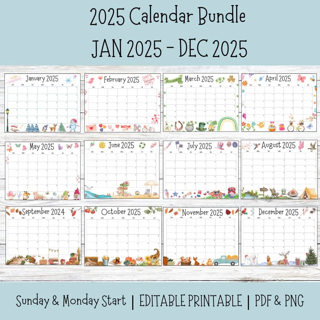 Editable 2025 Calendar Printable January 2025 December 2025 Year 12 Month Instant Download For School Office Fillable Calendar Theme Etsy