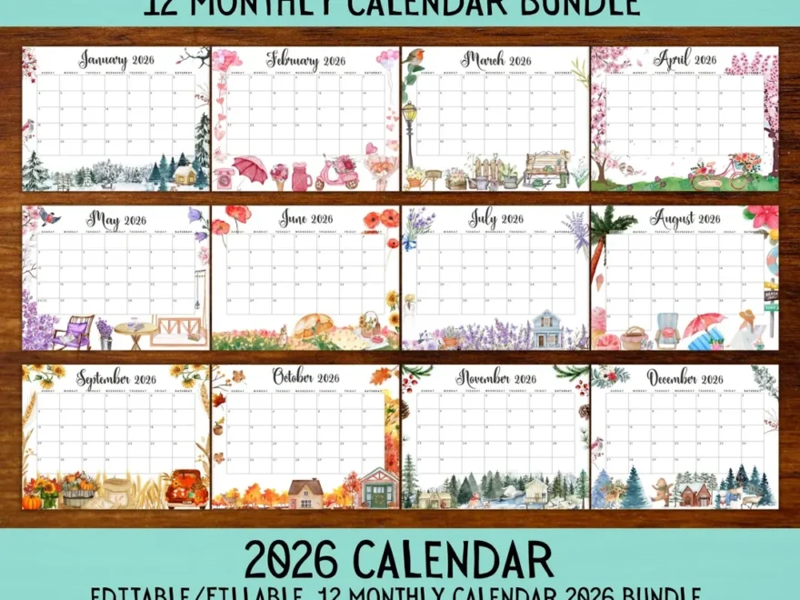 EDITABLE 2026 Calendar Bundle Pack Beautiful January To December 2026 Calendar Fillable Printable Monthly Calendar 2026 Monthly Planner Etsy