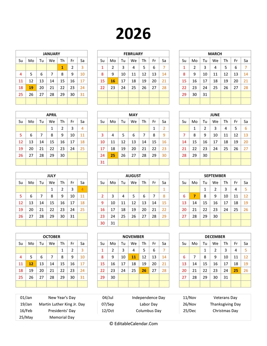 Printable Editable Calendar 2026