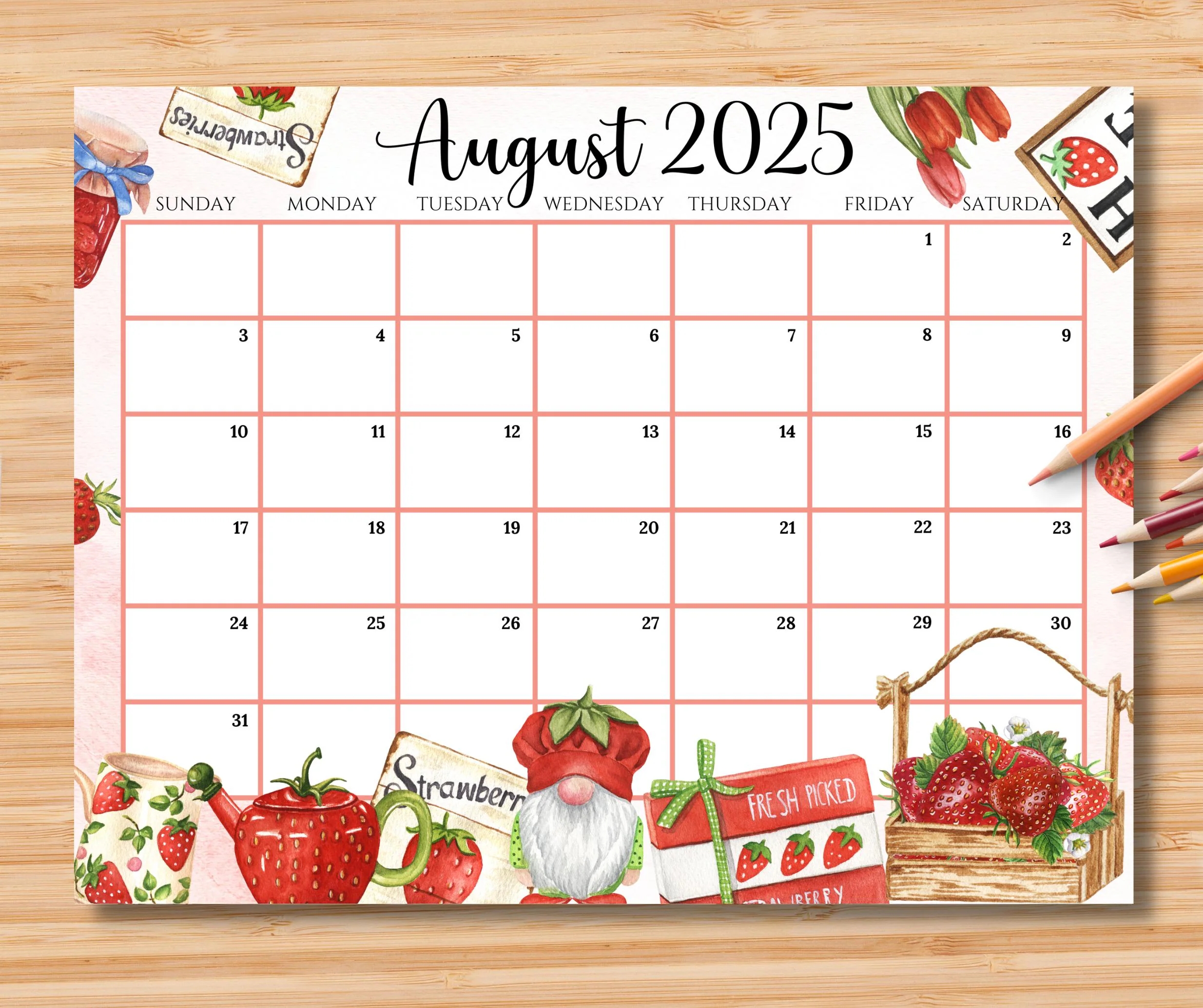 EDITABLE August 2025 Calendar Beautiful Colorful Summer With Cute Strawberries Printable Fillable Calendar Planner Instant Download Etsy