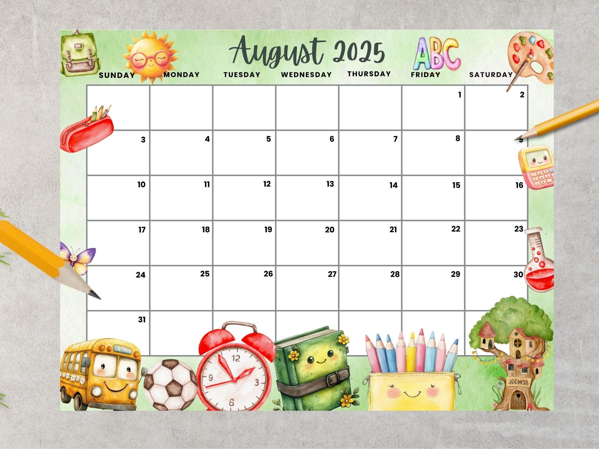Editable August 2025 Calendar Cute Summer Calendar Back To School Planner Monthly Calendar For Kids School Home Office Work Etsy