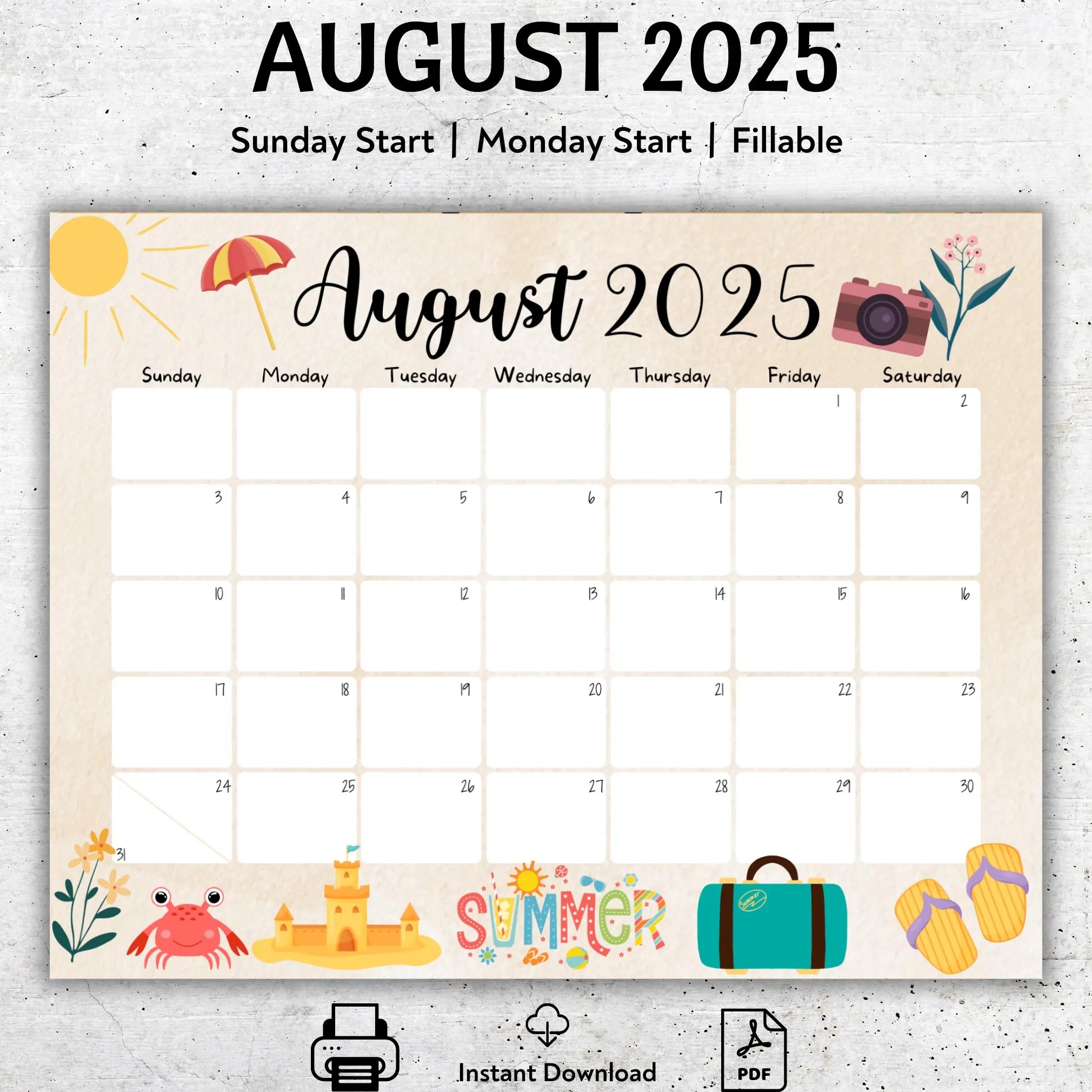 EDITABLE August 2025 Calendar Printable Vacation Planner Wonderful Summer August Monthly Schedule Fillable August Calendar 2025 August Etsy