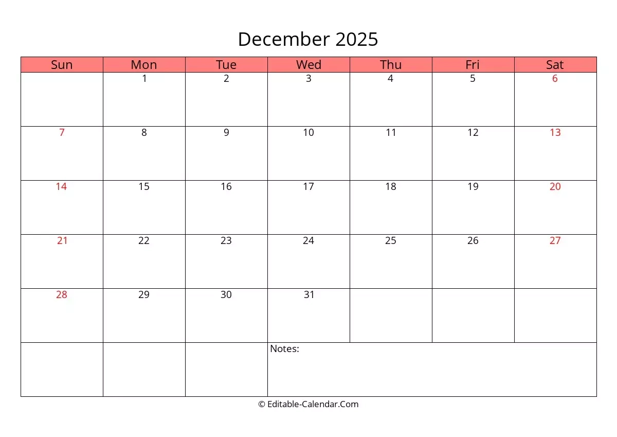 Editable Calendar December 2025 In Excel Word PDF