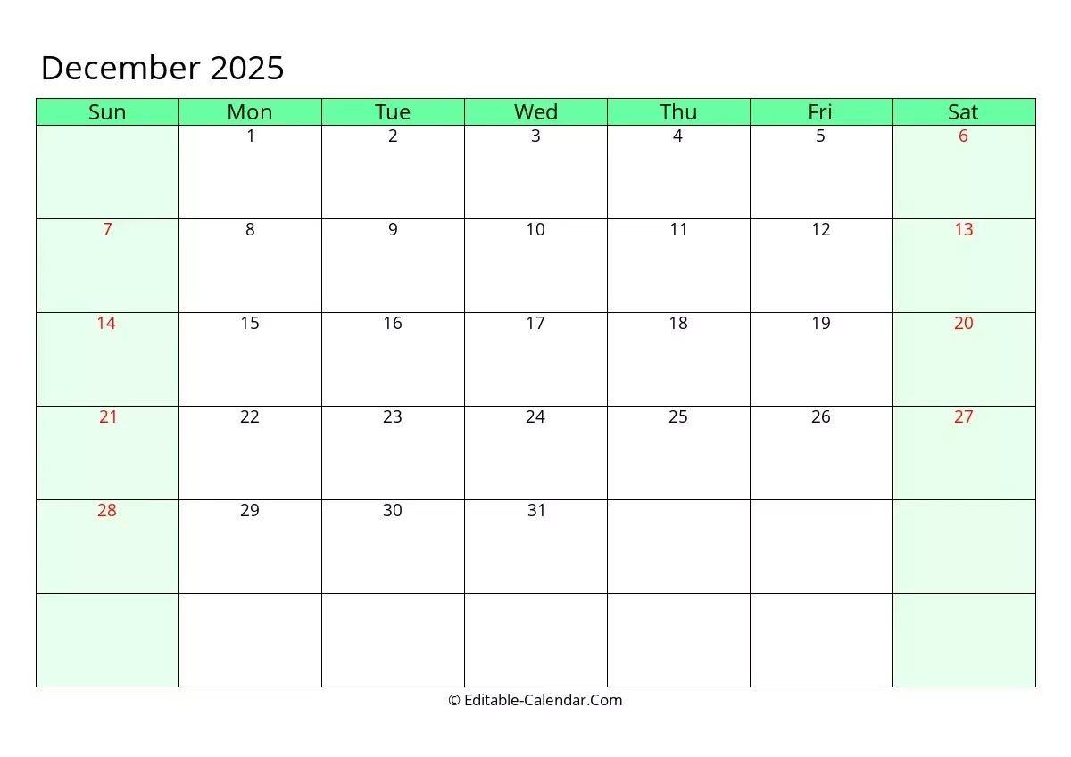 Editable Calendar December 2025 In Excel Word PDF