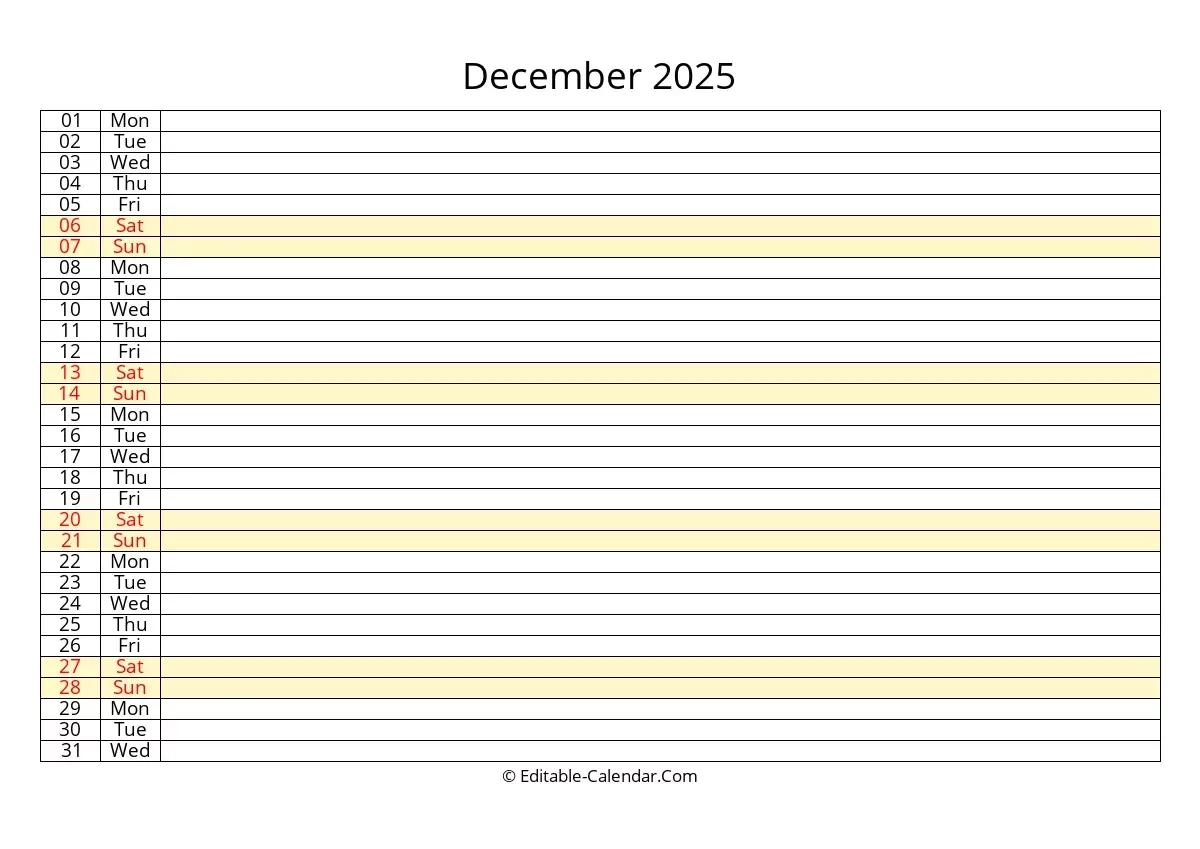 Editable Calendar December 2025 In Excel Word PDF