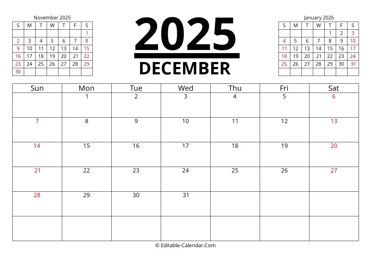 Editable Calendar December 2025 In Excel Word PDF