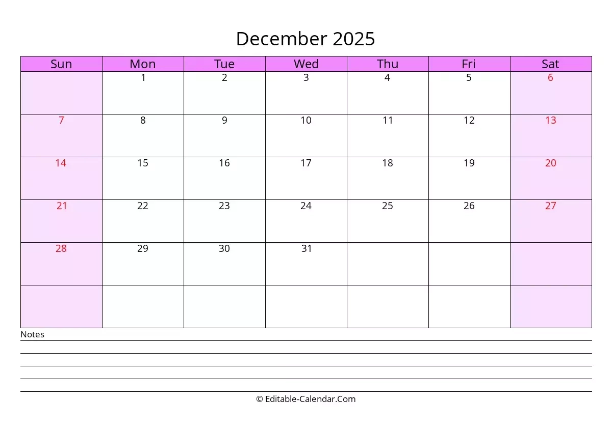 Editable Calendar December 2025 In Excel Word PDF