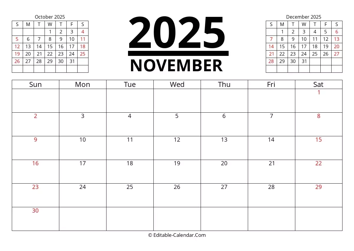 November Month Calendar 2025 Printable
