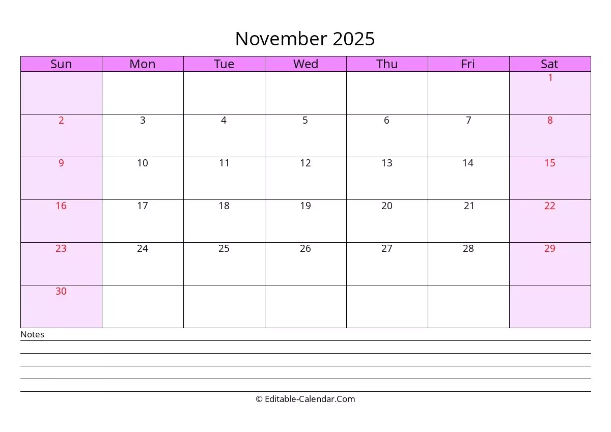 Editable Calendar November 2025 In Excel Word PDF