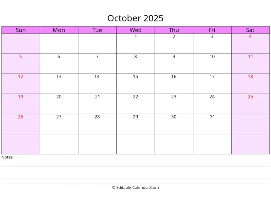 Editable Calendar October 2025 In Excel Word PDF