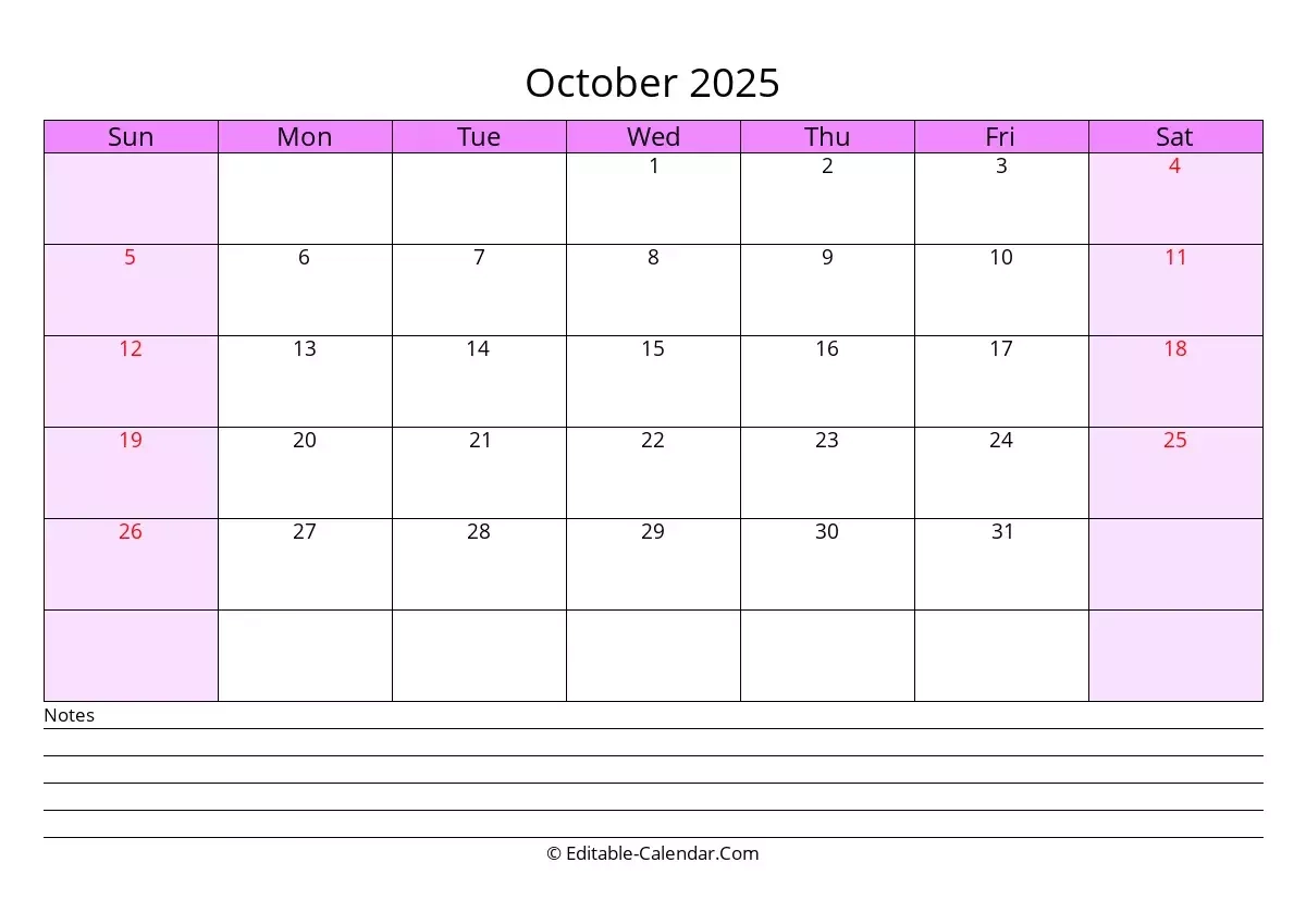 Editable Calendar October 2025 In Excel Word PDF
