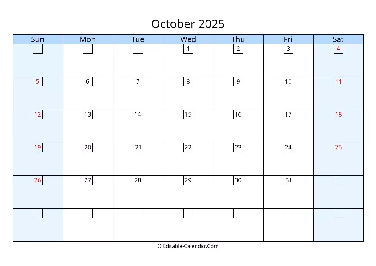 Editable Calendar October 2025 In Excel Word PDF