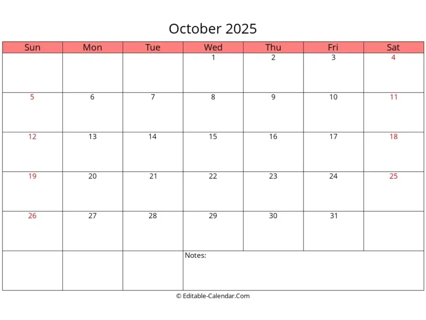 Editable Calendar October 2025 In Excel Word PDF