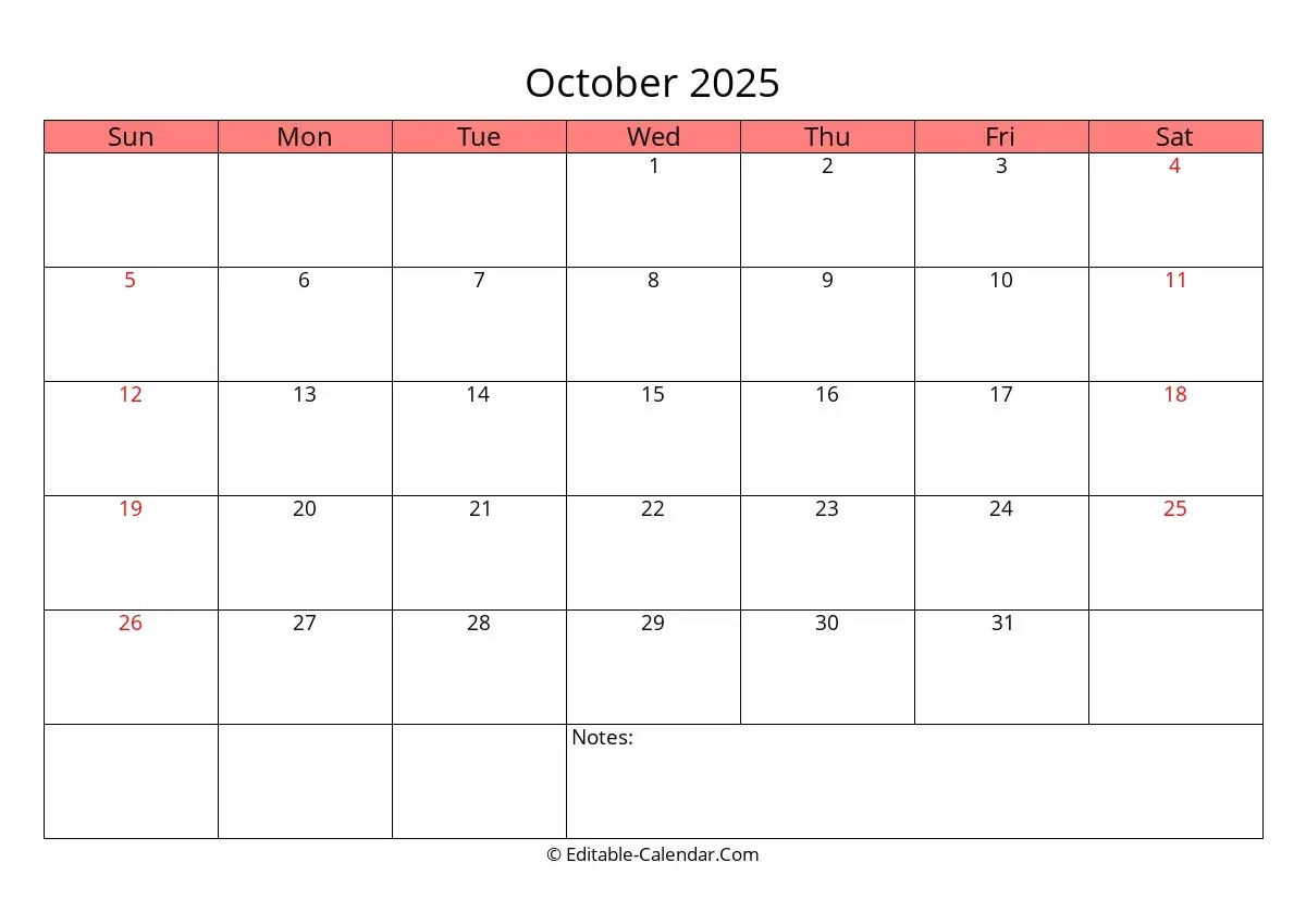 Editable Calendar October 2025 In Excel Word PDF