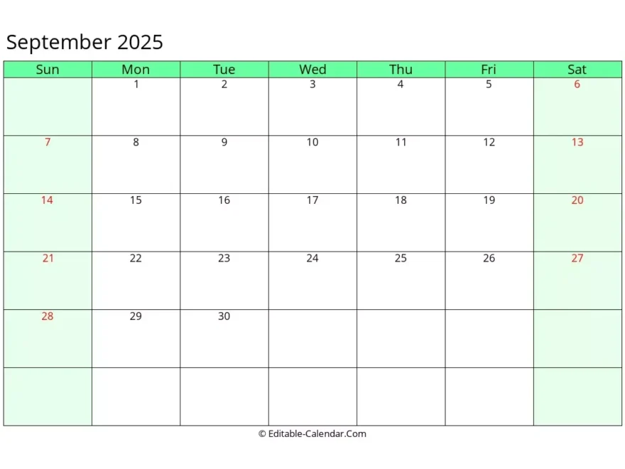 Editable Calendar September 2025 In Excel Word PDF