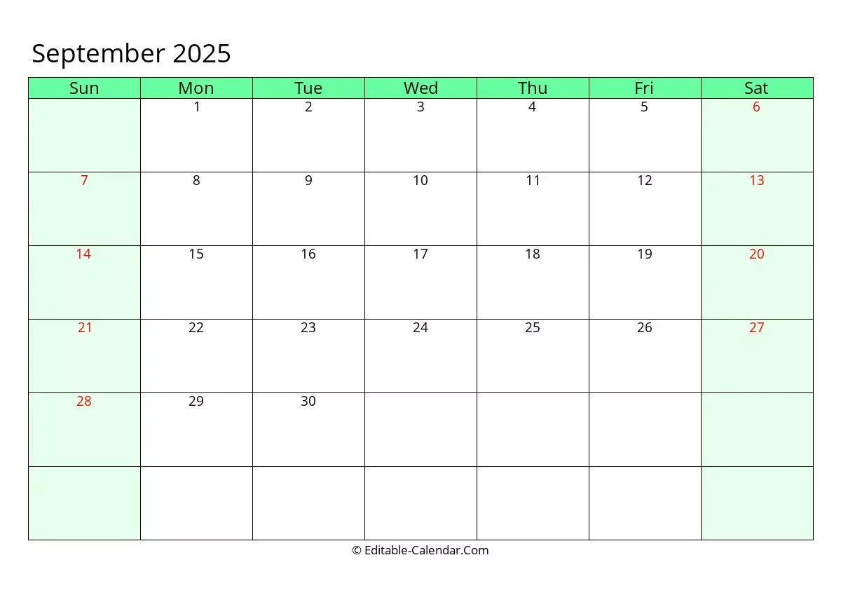 Editable Calendar September 2025 In Excel Word PDF