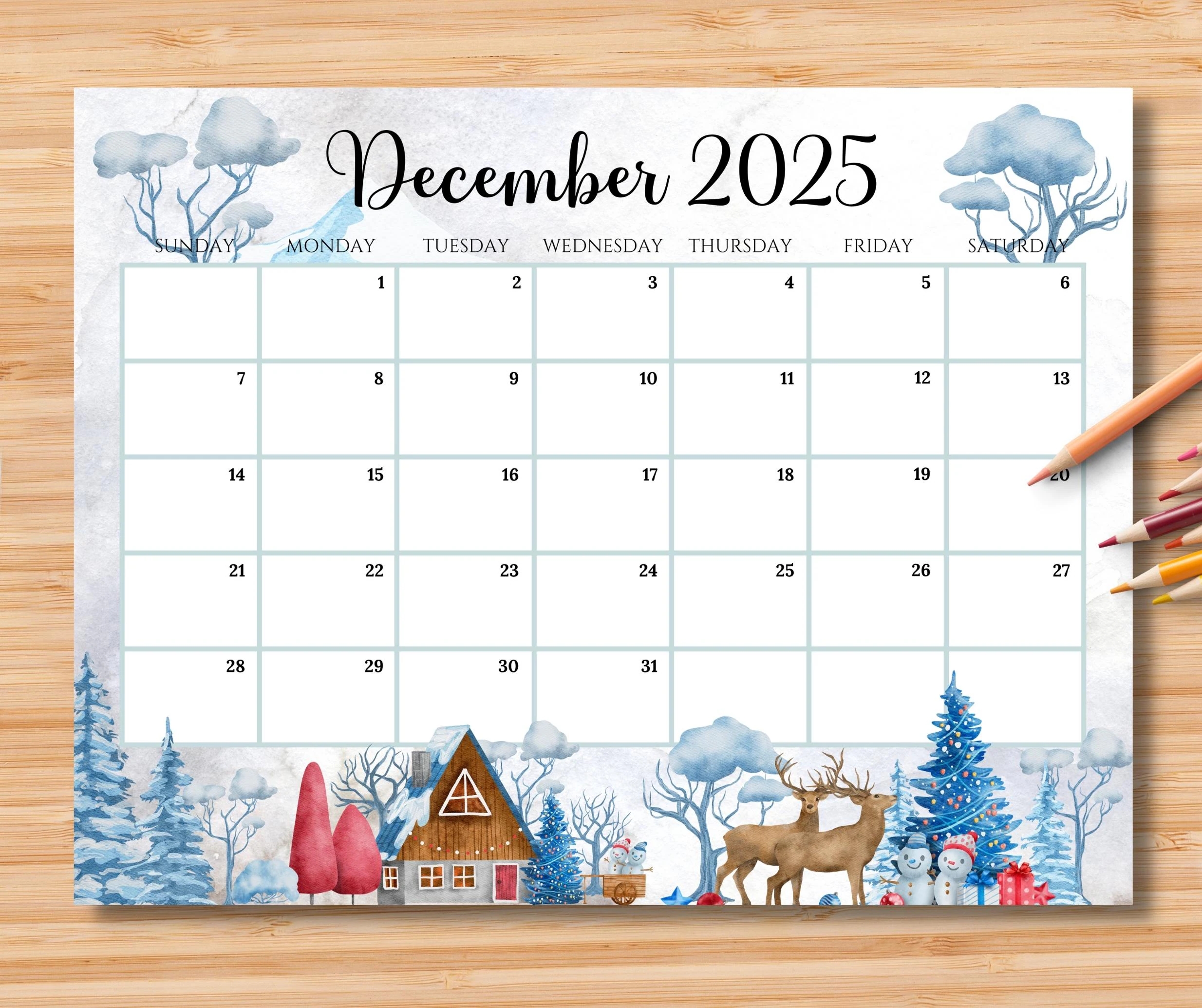 EDITABLE December 2025 Calendar Beautiful Winter In A Highland Planner Printable Monthly Calendar For Kid School Home Work Office Digital Etsy