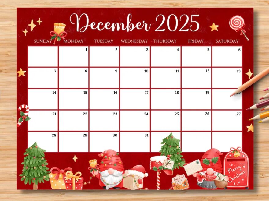 EDITABLE December 2025 Calendar Cheerful Christmas With Mail Gnomes Printable Monthly Calendar For Kids School Work Home Office Digital Etsy
