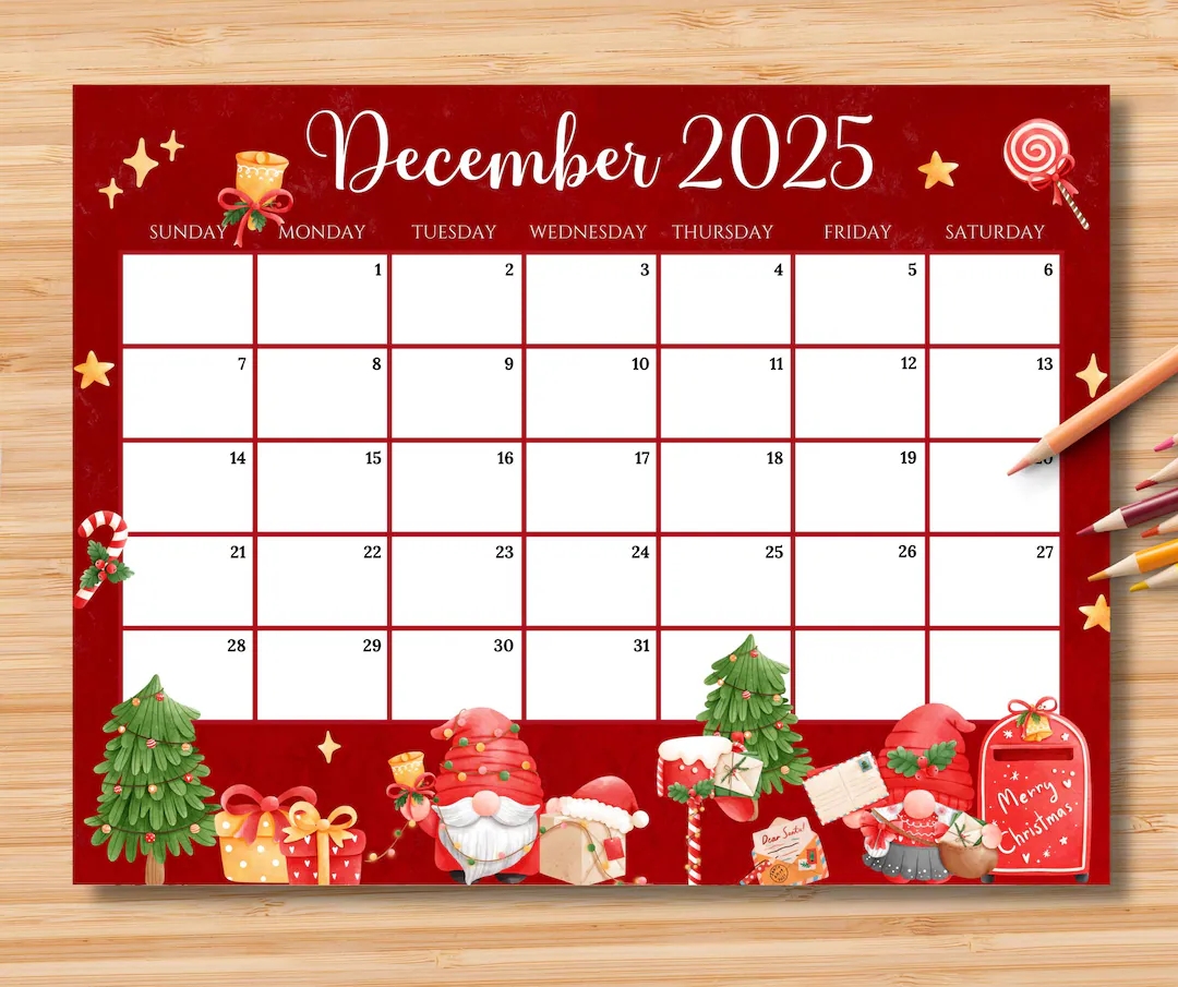 EDITABLE December 2025 Calendar Cheerful Christmas With Mail Gnomes Printable Monthly Calendar For Kids School Work Home Office Digital Etsy