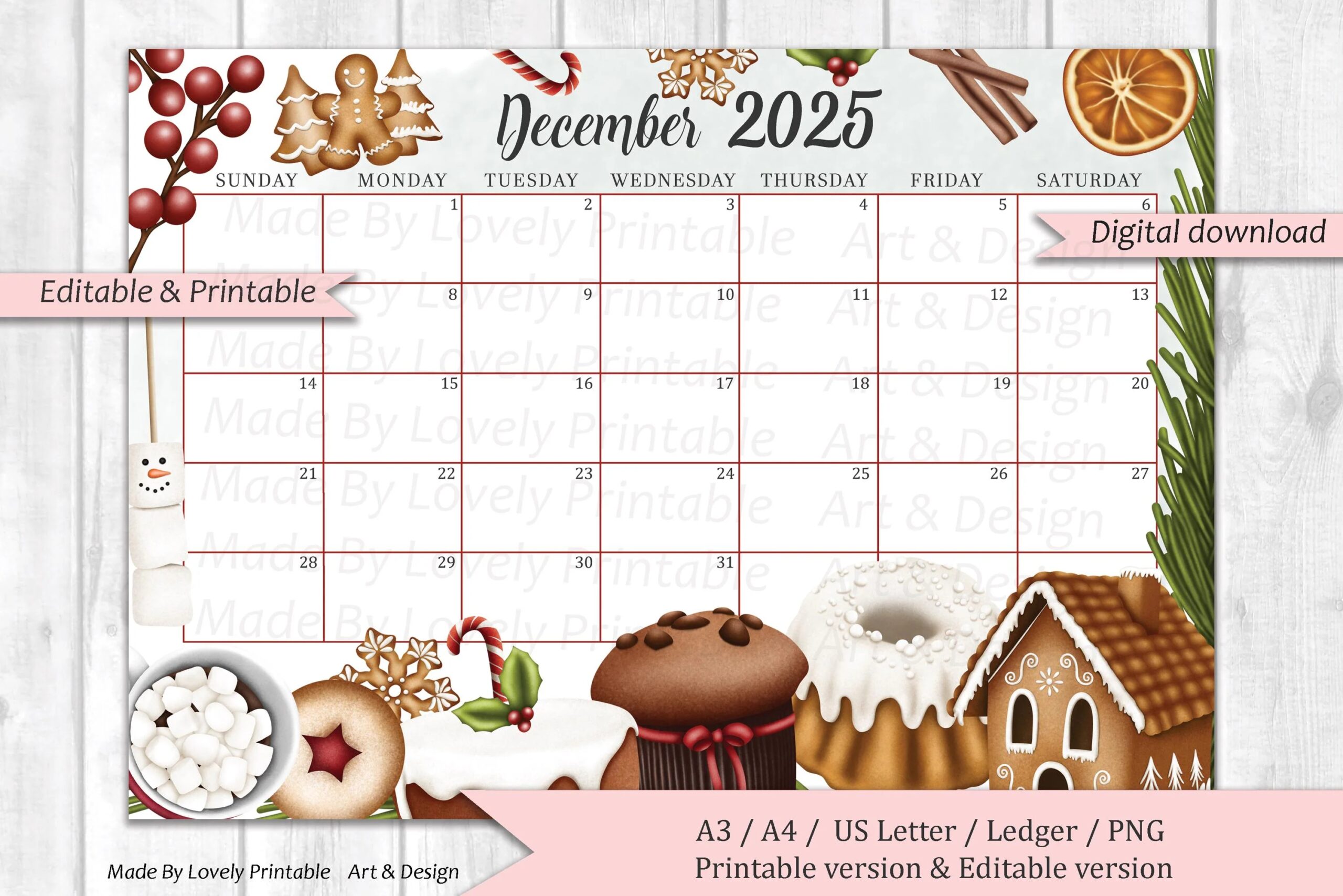 EDITABLE December 2025 Calendar Christmas Sweets Drinks Printable Monthly Calendar Planner Kids School Schedule Instant Download Etsy