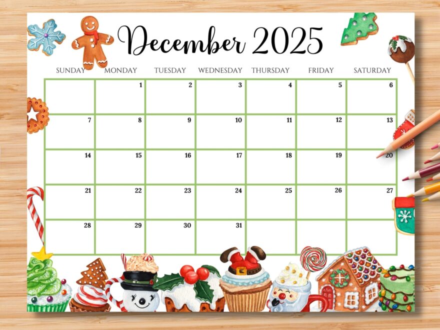 EDITABLE December 2025 Calendar Colorful Christmas W Sweets Drinks Printable Monthly Christmas Planner For Kid School Home Office Work Etsy