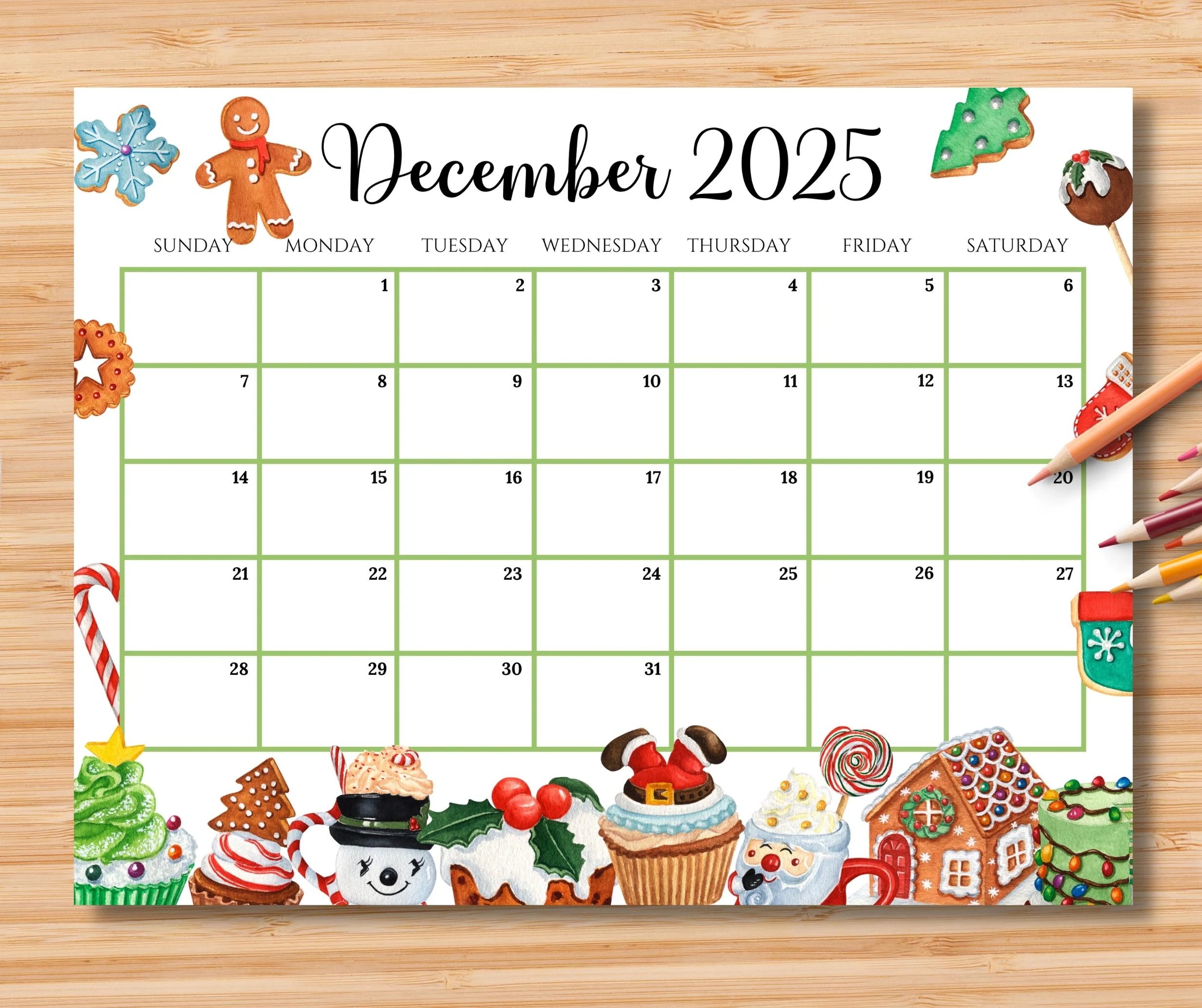EDITABLE December 2025 Calendar Colorful Christmas W Sweets Drinks Printable Monthly Christmas Planner For Kid School Home Office Work Etsy