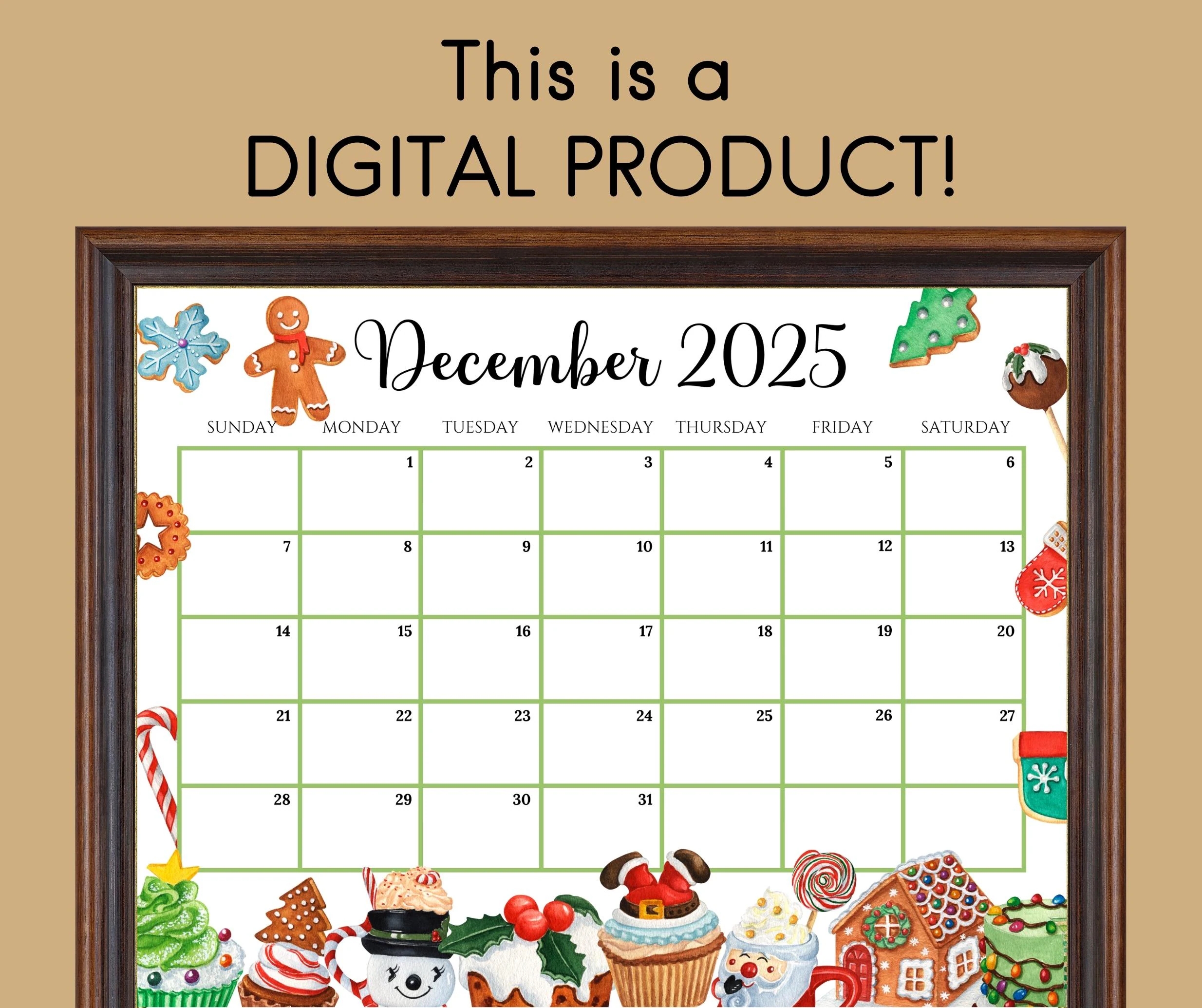 EDITABLE December 2025 Calendar Colorful Christmas W Sweets Drinks Printable Monthly Christmas Planner For Kid School Home Office Work Etsy