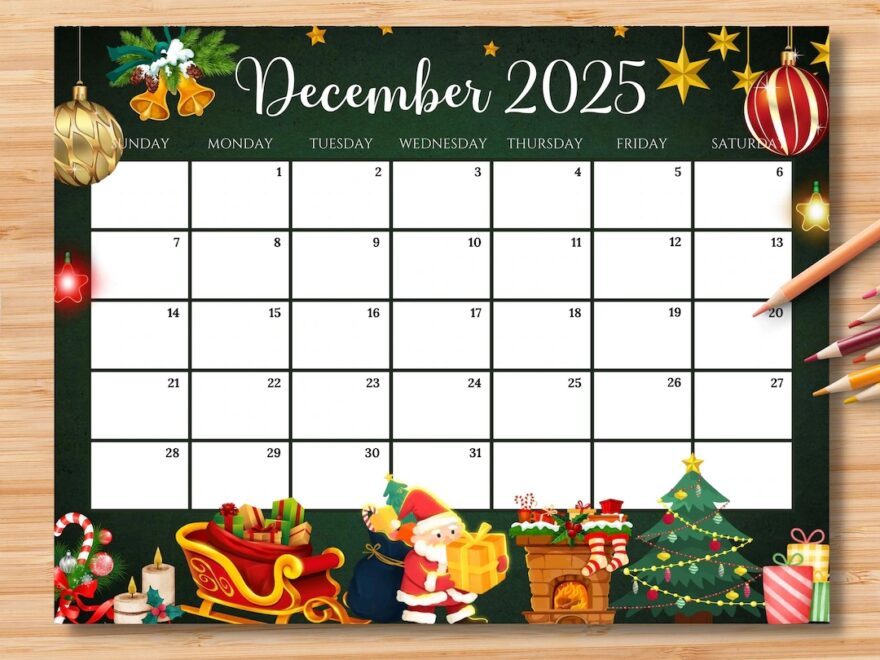 EDITABLE December 2025 Calendar Gorgeous Christmas W Santa Claus Gifts Ornaments Printable Monthly Planner For Kids School Home Work Etsy