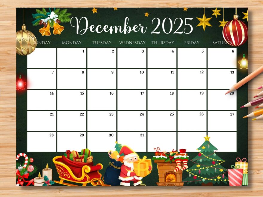 EDITABLE December 2025 Calendar Gorgeous Christmas W Santa Claus Gifts Ornaments Printable Monthly Planner For Kids School Home Work Etsy