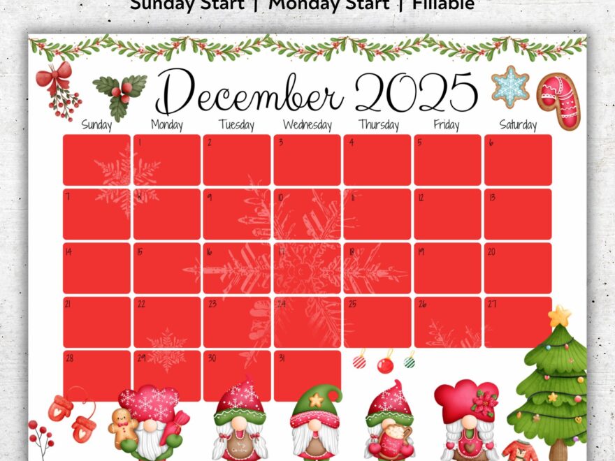 EDITABLE December 2025 Calendar Happy Christmas Cute Gnomes Printable Fillable Monthly Planner Kids Weekly Schedule Homeschool Planner Etsy