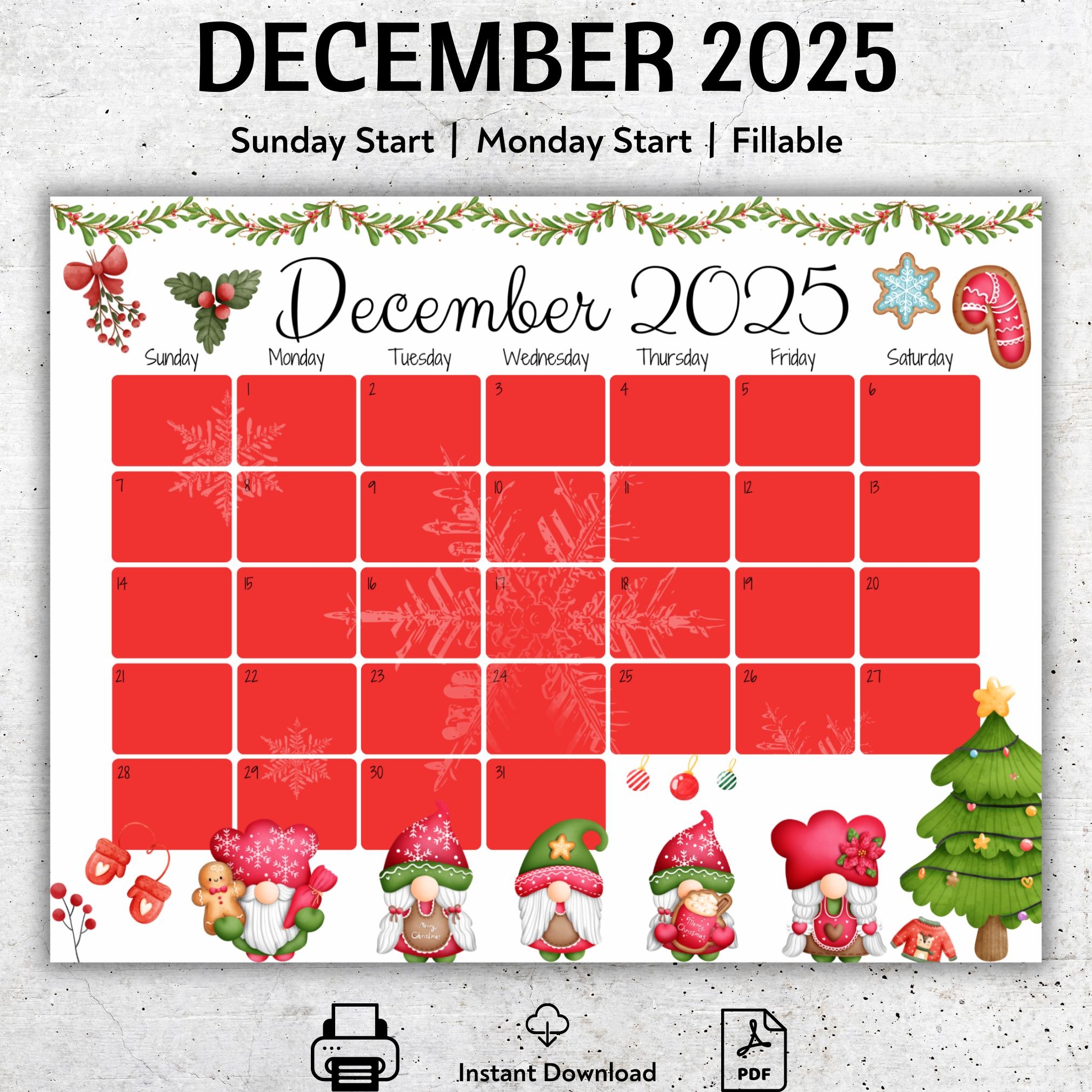 EDITABLE December 2025 Calendar Happy Christmas Cute Gnomes Printable Fillable Monthly Planner Kids Weekly Schedule Homeschool Planner Etsy