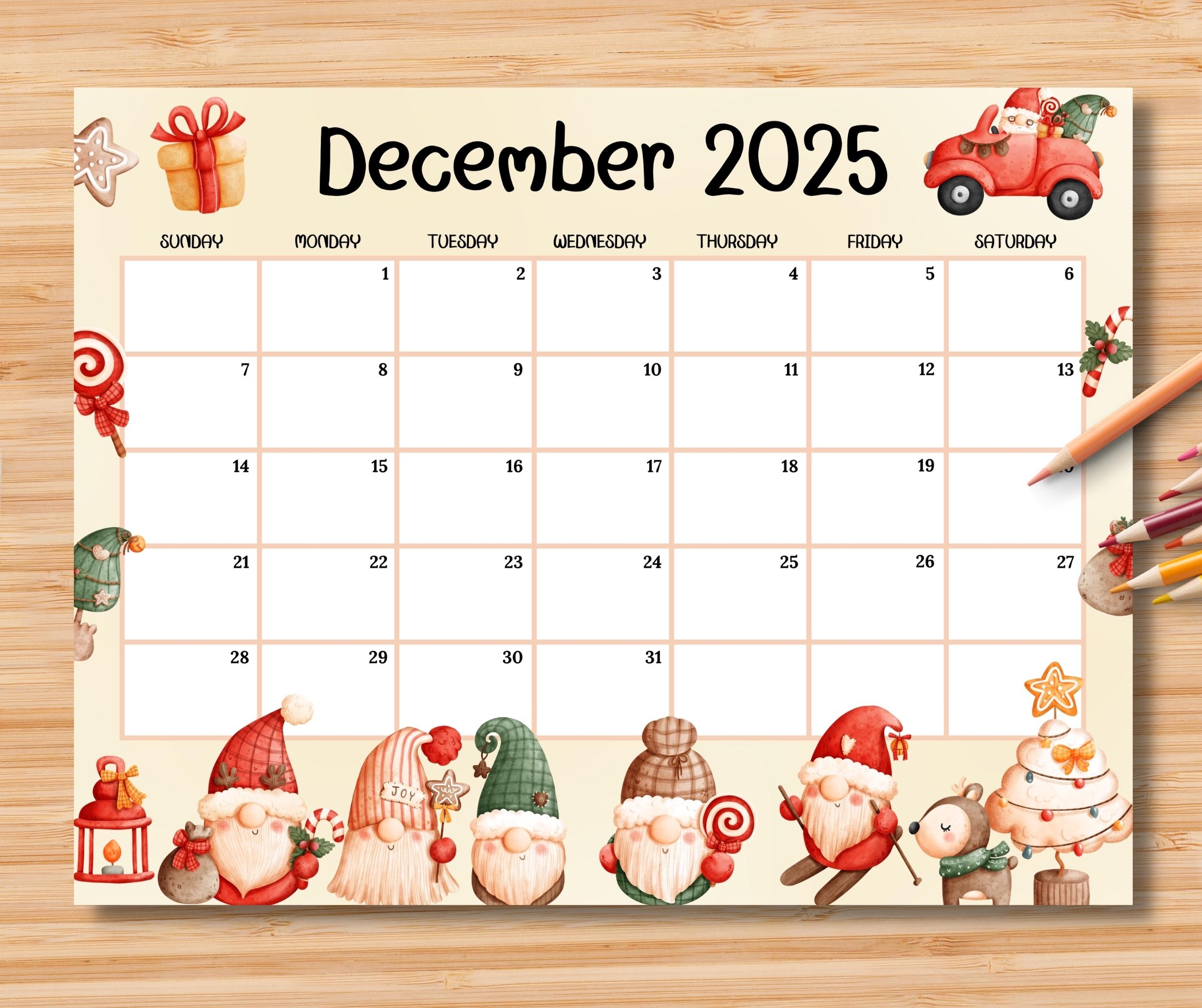 EDITABLE December 2025 Calendar Joyful Christmas W Cute Gnome Printable Monthly Planner For Kid School Home Work Office Instant Download Etsy Sweden