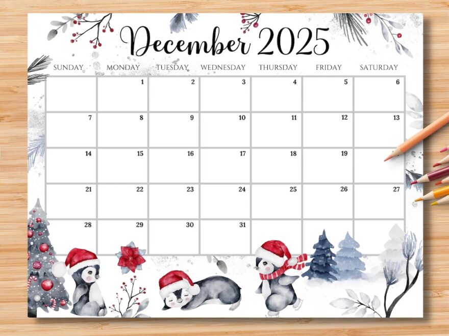 EDITABLE December 2025 Calendar Joyful Winter With Cute Penguin Planner Printable Christmas Schedule For Kids School Home Work Office Etsy