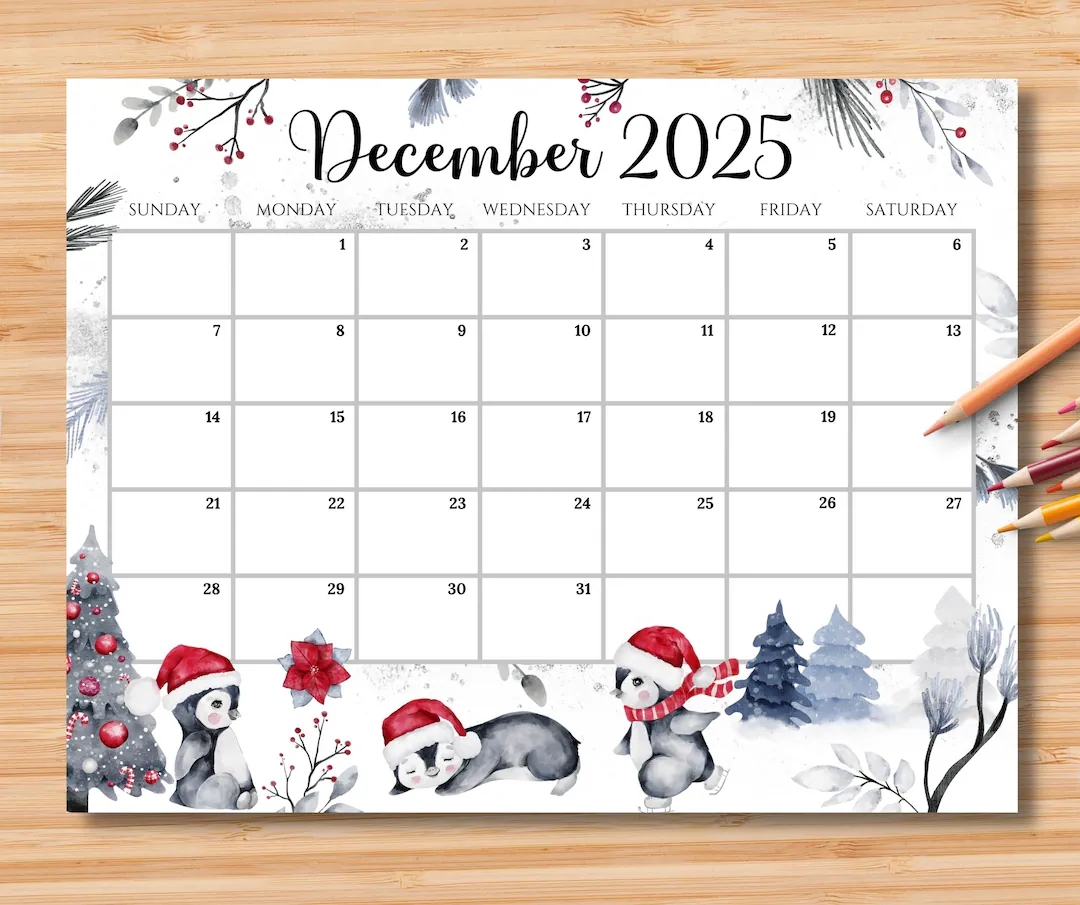 EDITABLE December 2025 Calendar Joyful Winter With Cute Penguin Planner Printable Christmas Schedule For Kids School Home Work Office Etsy