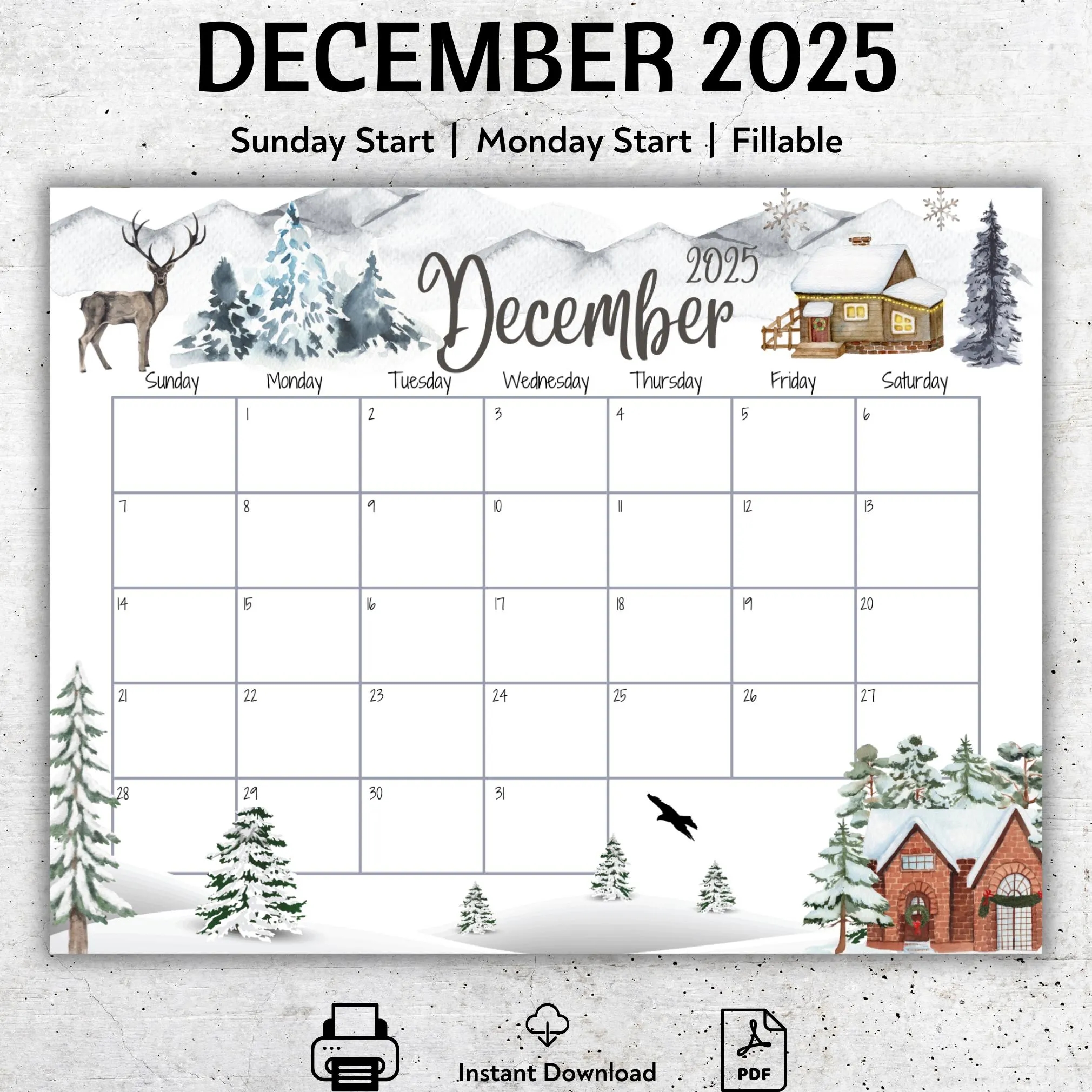 EDITABLE December 2025 Calendar Snowy House On The Hill And Reindeer Printable Calendar Fillable Monthly Planner Kids Weekly Schedule Etsy