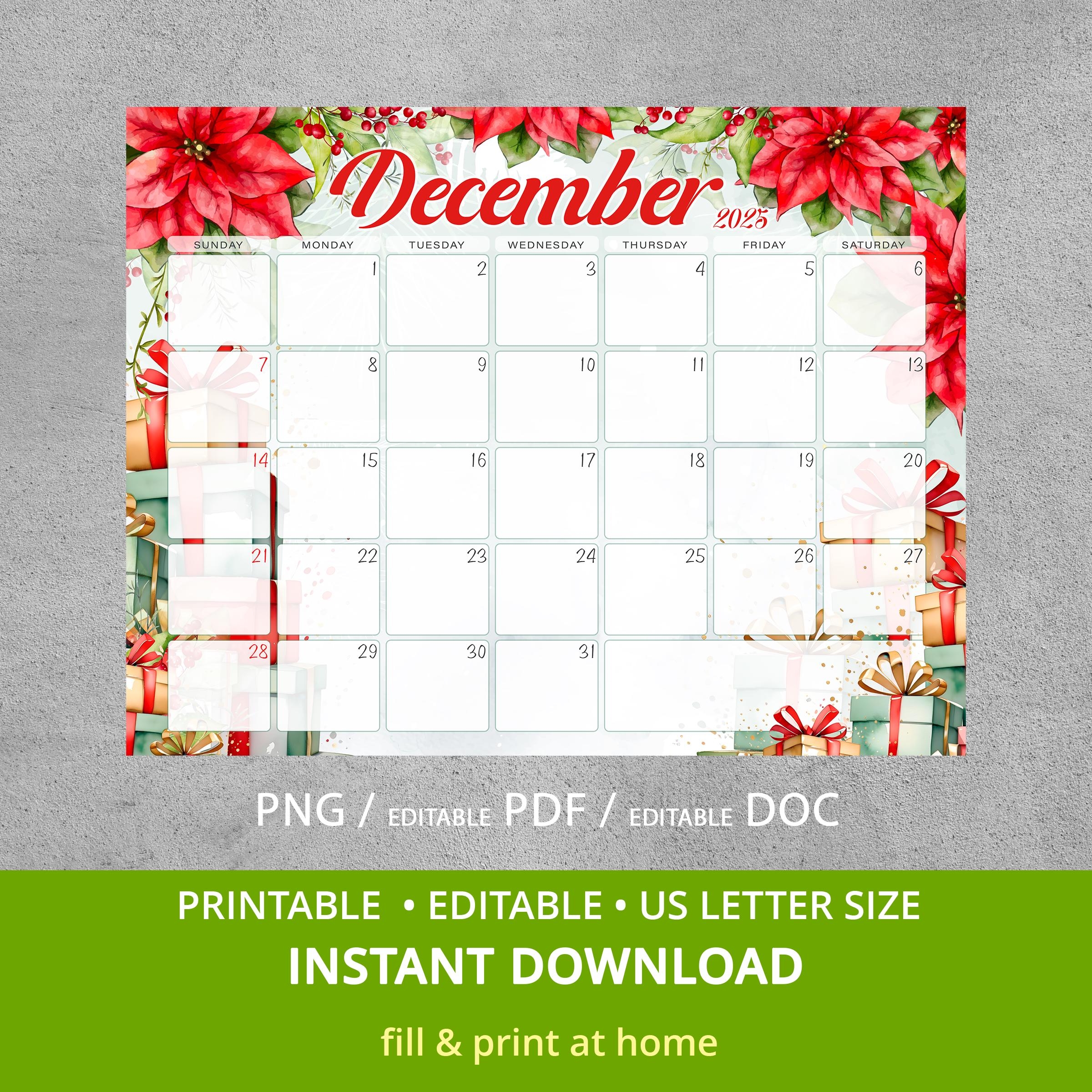 Editable December 2025 Calendar Wall Calendar With Poinsettia Flowers Fillable Monthly Planner Printable Calendar Etsy