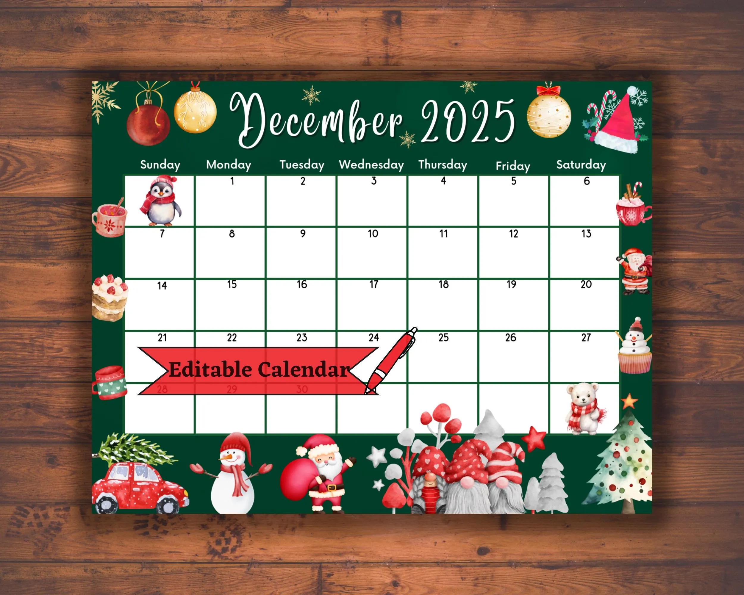 Editable Fillable December 2025 Calendar For Merry Christmas Colorful Ornaments Cute Animals Joyful Green Background Printable Planner Etsy