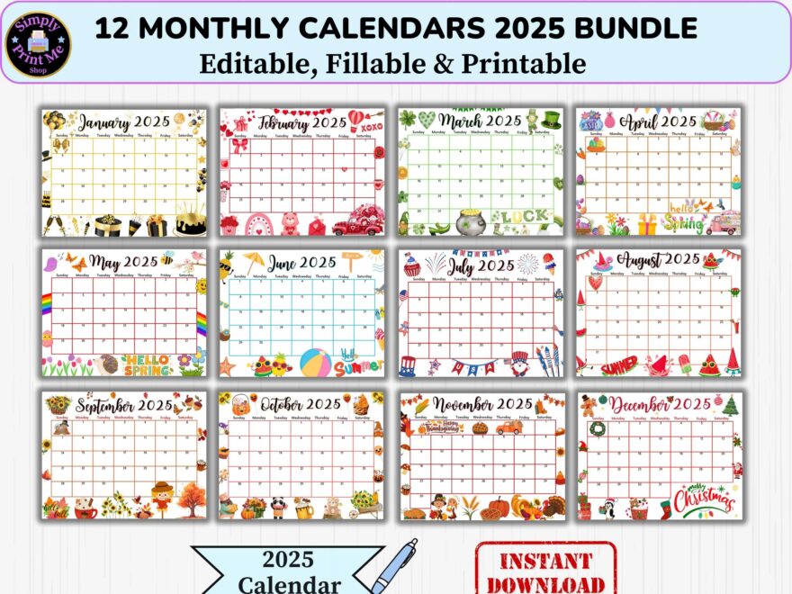 Editable Fillable Monthly Calendar 2025 Bundle From January To December Kid Printable Classroom Planner Digital Holiday School Agenda PDF Etsy