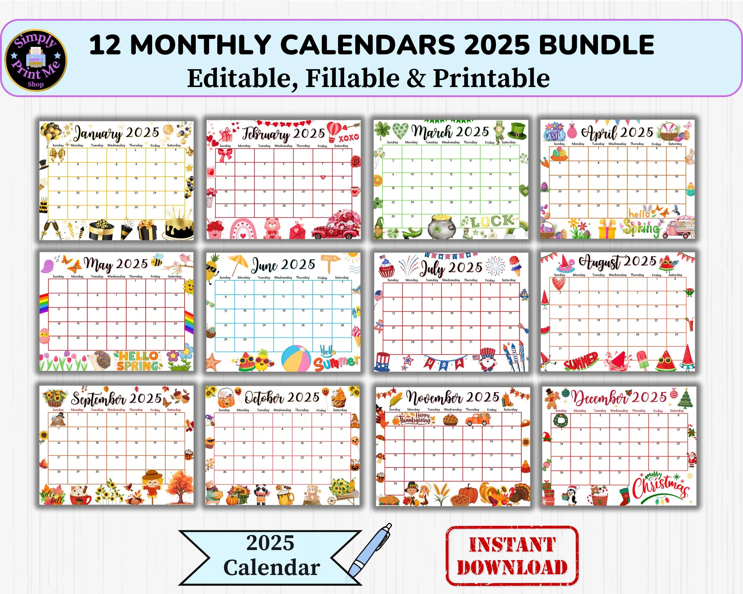 Editable Fillable Monthly Calendar 2025 Bundle From January To December Kid Printable Classroom Planner Digital Holiday School Agenda PDF Etsy