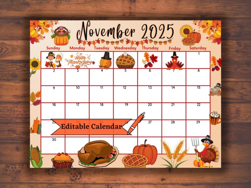 Editable Fillable November 2025 Calendar For Happy Thanksgiving Printable Kids Planner With Lovely Food Turkey Autumn Fall Digital PDF Etsy