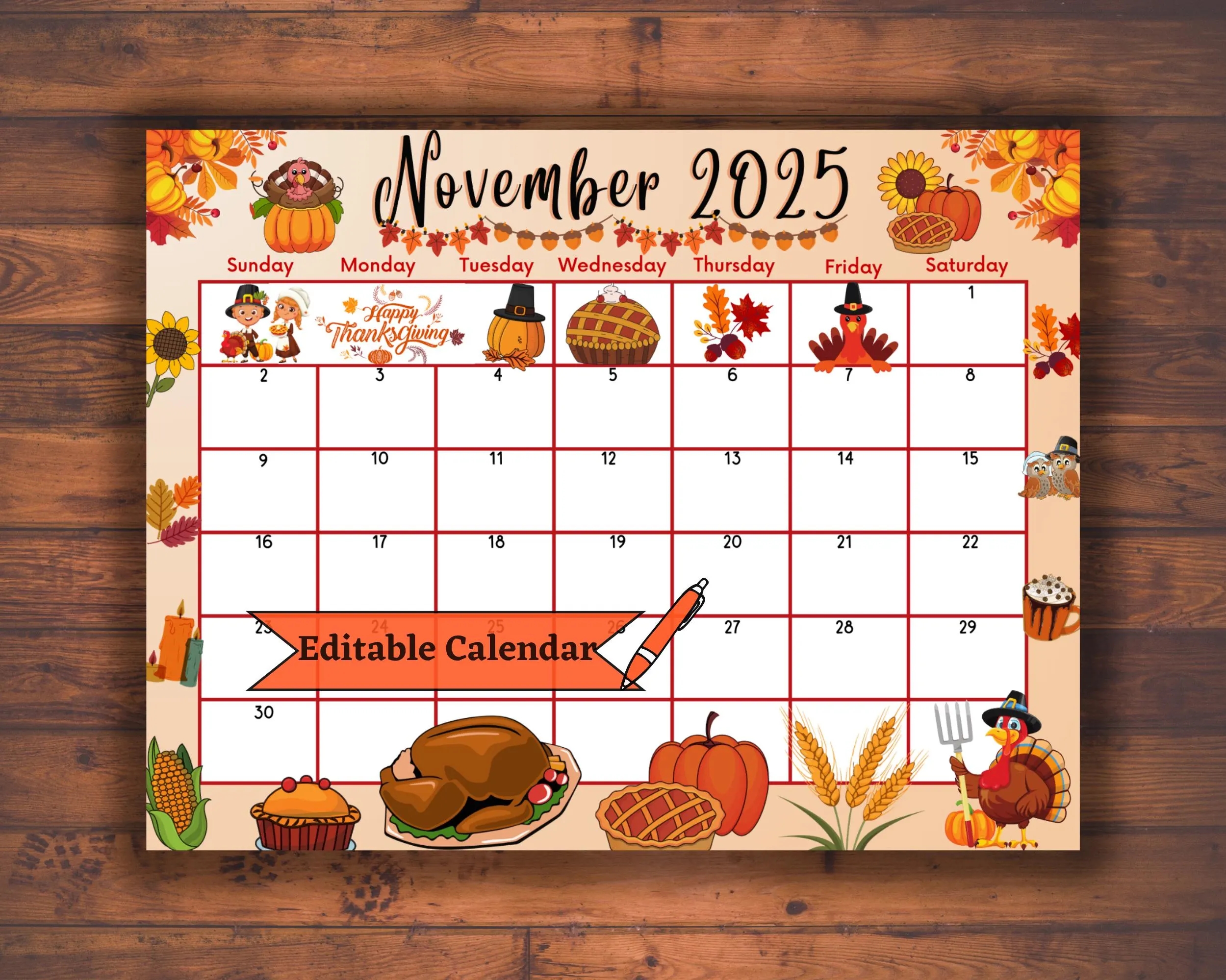 Editable Fillable November 2025 Calendar For Happy Thanksgiving Printable Kids Planner With Lovely Food Turkey Autumn Fall Digital PDF Etsy