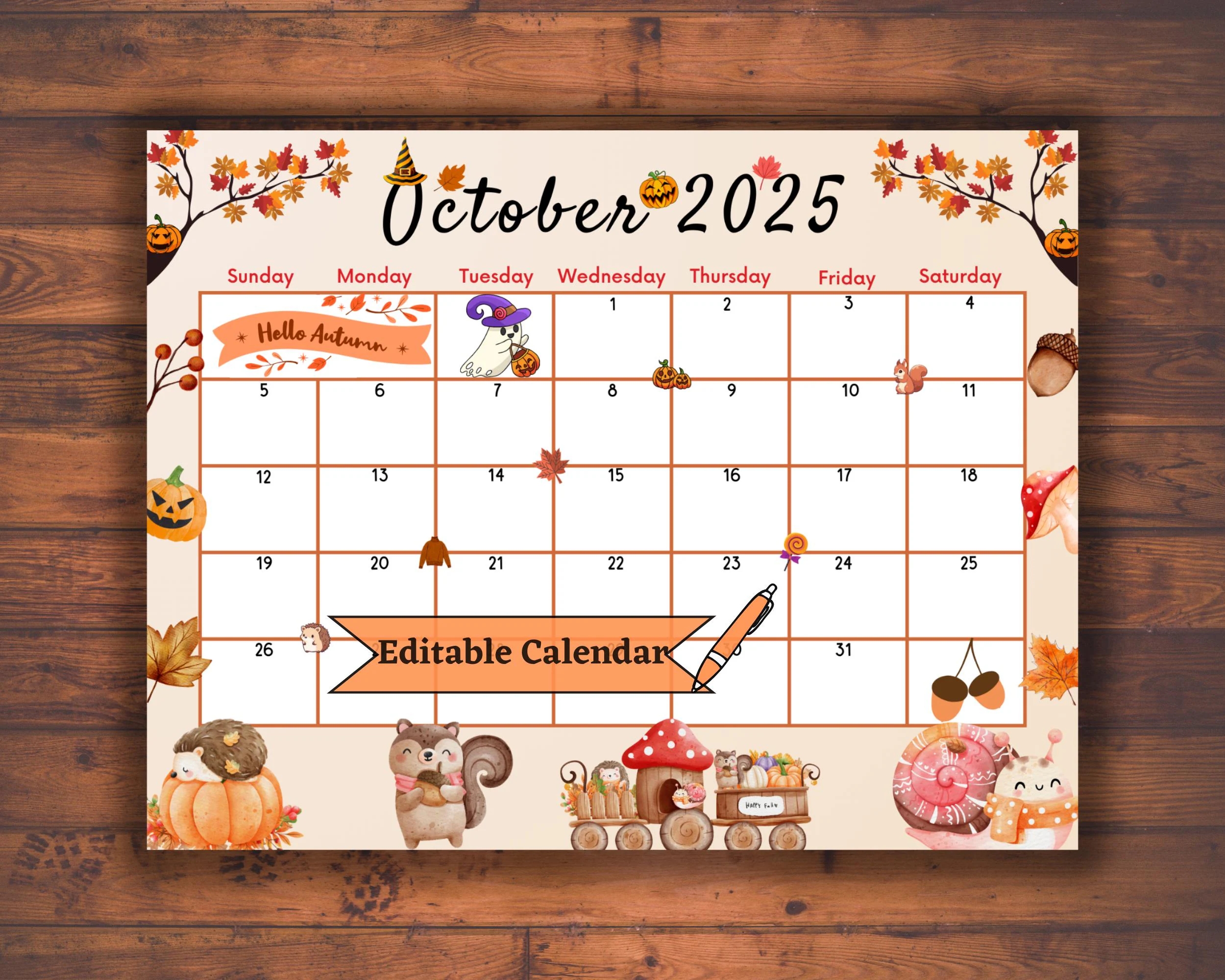 Editable Fillable October 2025 Calendar For Autumn Fall Happy Halloween Back To School Printable Planner Kids Classroom Cute PDF Design Etsy