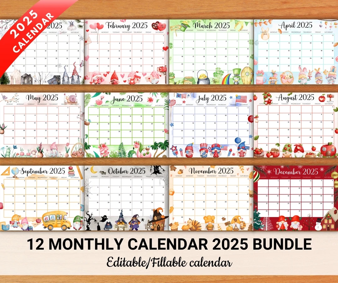 EDITABLE Gnome Monthly Calendar 2025 12 Beautiful Fillable Monthly Planner Cute Printable 2025 Calendar Planner For Kids Instant Download Etsy