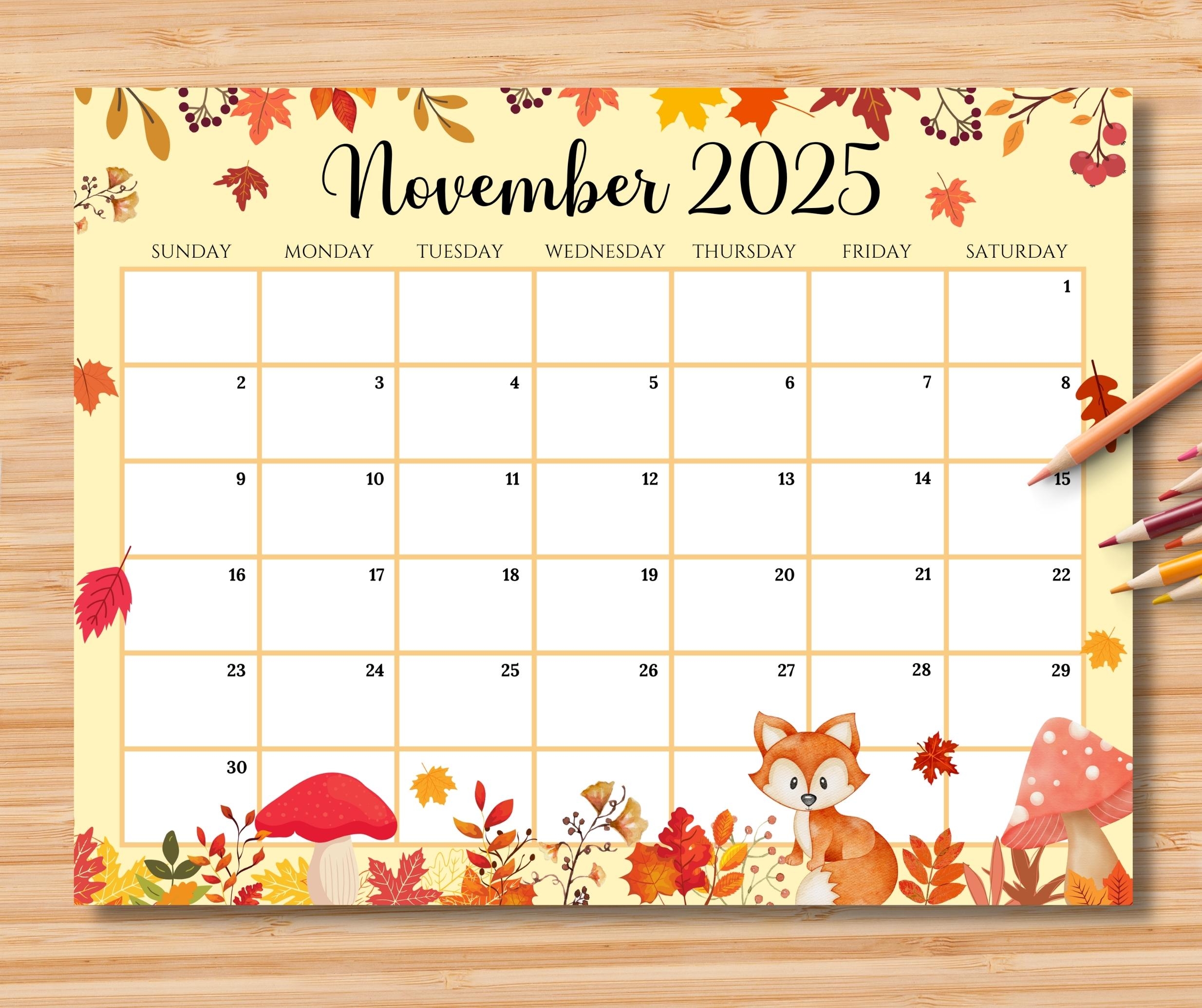 EDITABLE November 2025 Calendar Beautiful Fall Autumn Printable Monthly Planner Kids School Schedule Classroom Calendar Instant Download Etsy