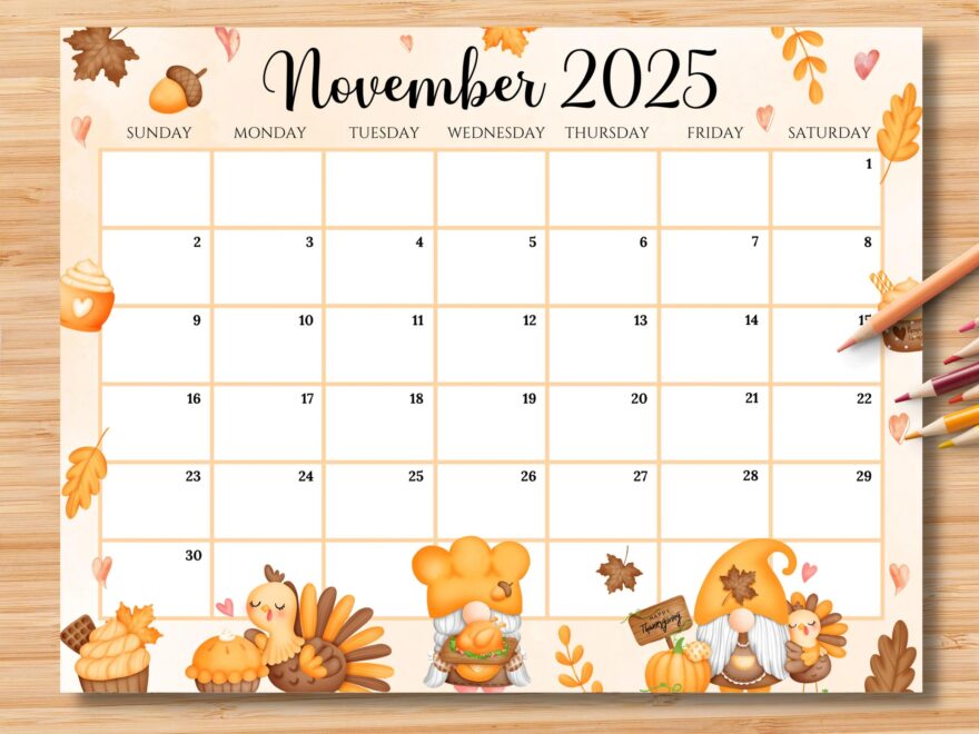 EDITABLE November 2025 Calendar Happy Thanksgiving With Cute Gnomes Turkey Printable Monthly Schedule For Kids School Home Office Work Etsy