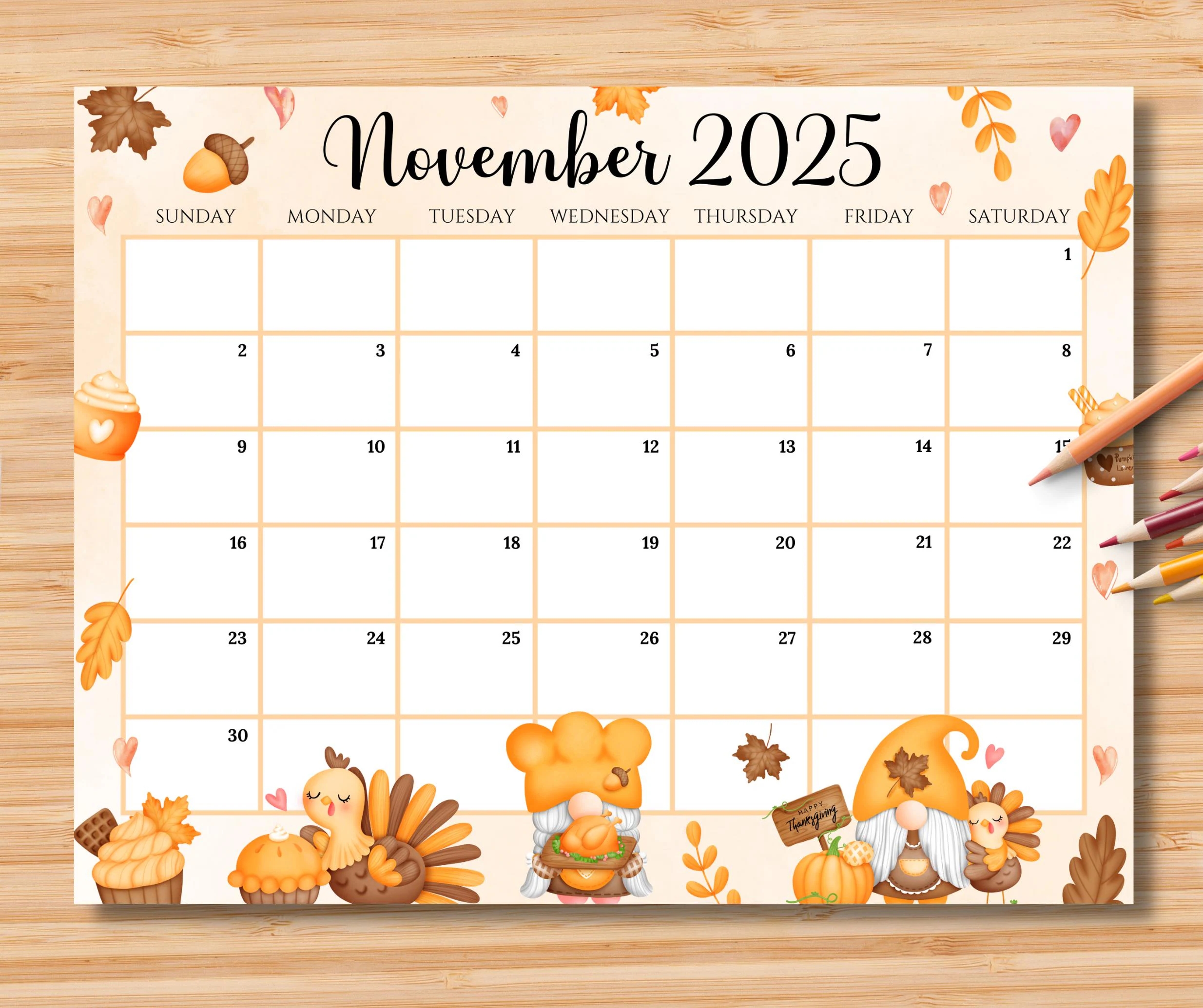 EDITABLE November 2025 Calendar Happy Thanksgiving With Cute Gnomes Turkey Printable Monthly Schedule For Kids School Home Office Work Etsy