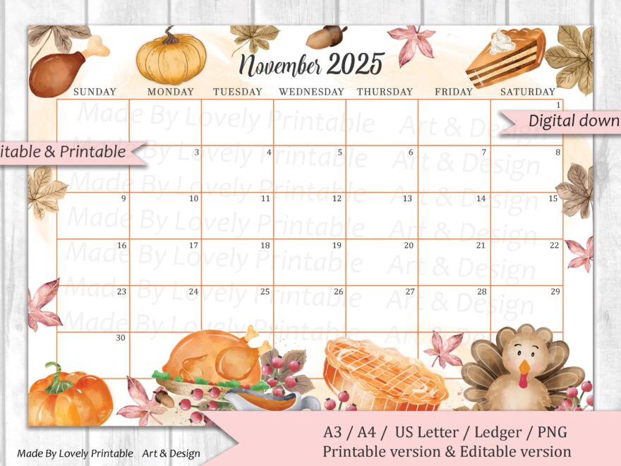 EDITABLE November 2025 Calendar Watercolor Thanksgiving Day Cute Turkey Autumn Calendar Printable Fillable Planner Kids School Schedule Etsy