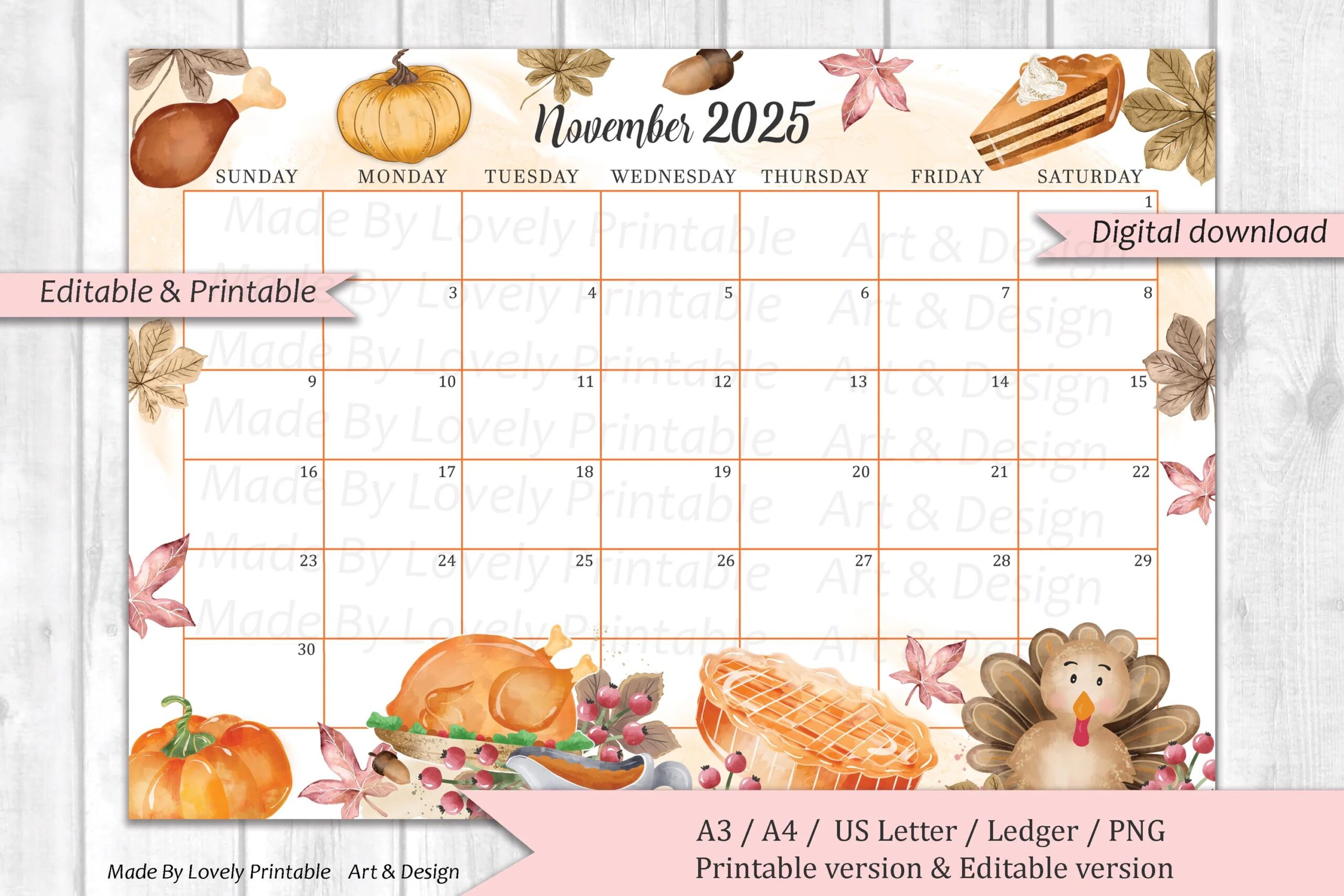 EDITABLE November 2025 Calendar Watercolor Thanksgiving Day Cute Turkey Autumn Calendar Printable Fillable Planner Kids School Schedule Etsy